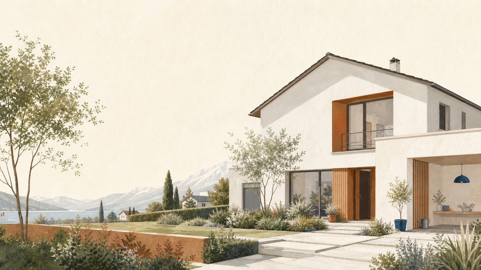 Illustration eines hellen, gepflegten Wohnhauses in Schweizer Landschaft