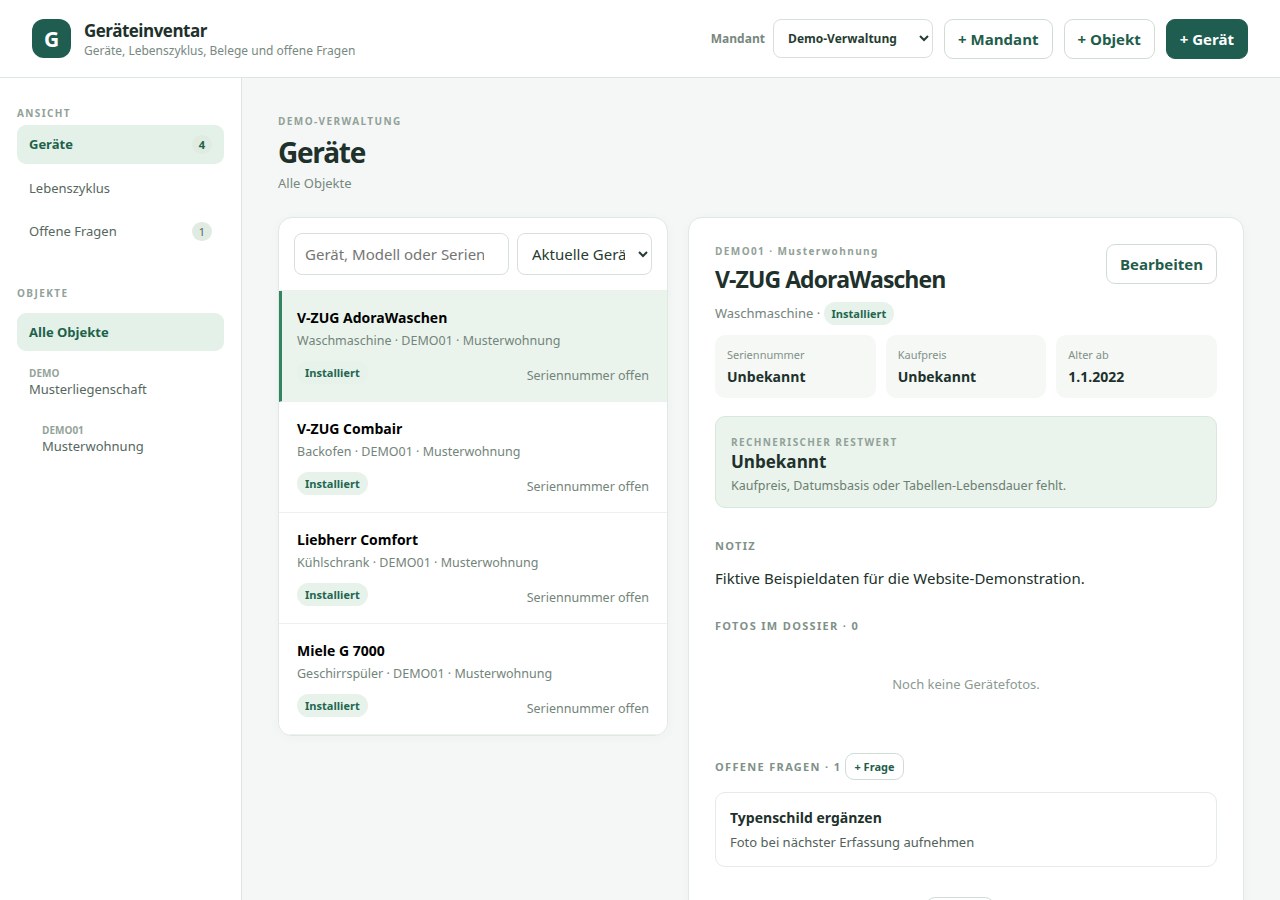 Geräteinventar mit fiktiven Demodaten