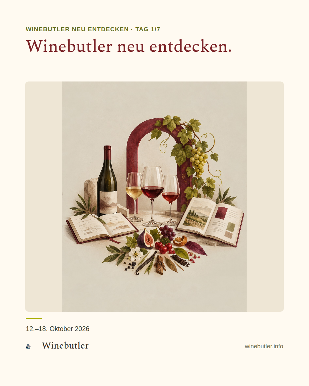 Winebutler-Übersicht mit Symbolen für Dialog, Aromarad, Gruppendegustation, Katalog und Partnerschaft.
