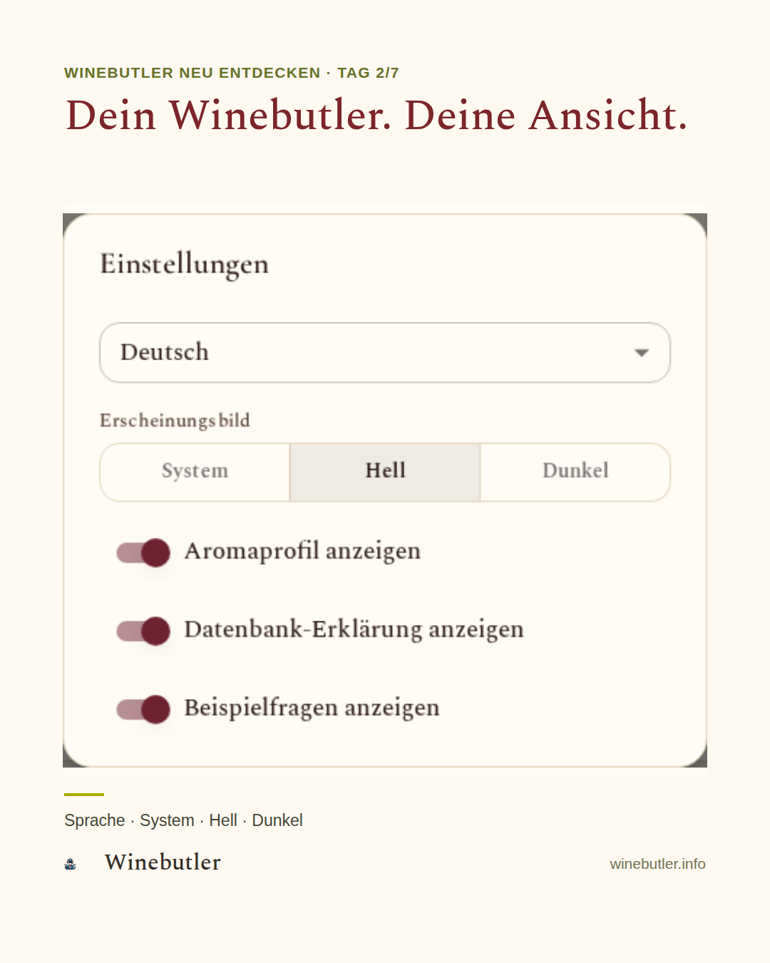 Winebutler-Einstellungen mit Sprachwahl und den Ansichten System, Hell und Dunkel.