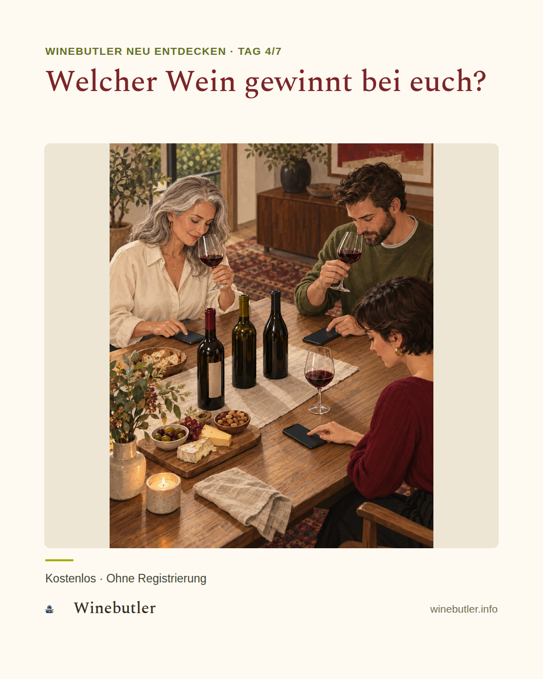 Weinrunde am Tisch: Teilnehmende bewerten auf dem Handy; eine Frau im roten Kleid bedient ihr Smartphone.