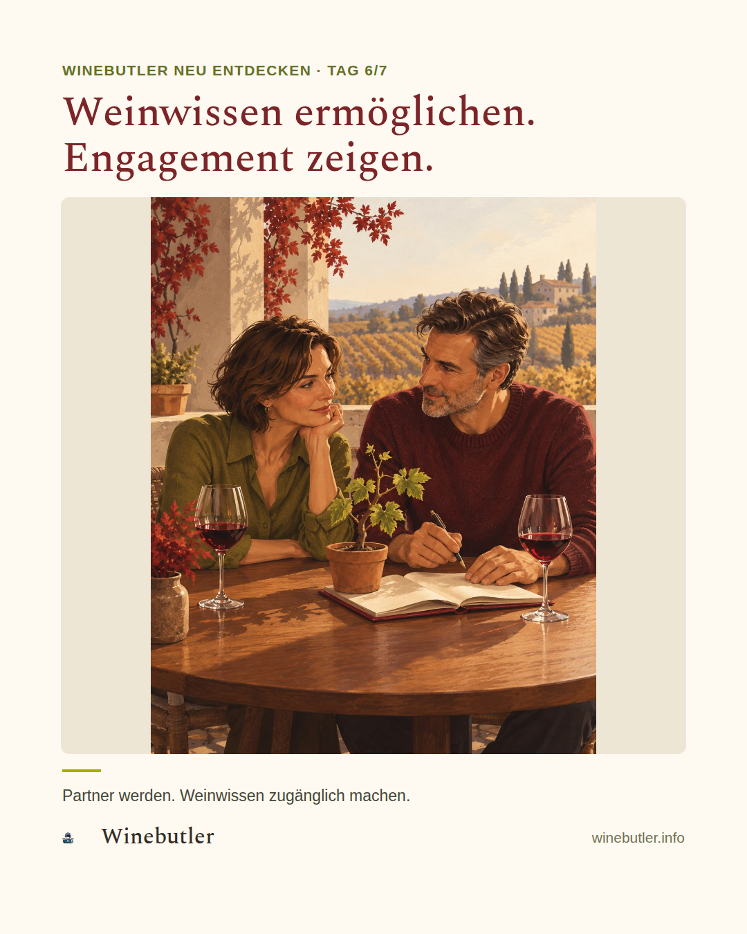 Zusammenarbeit am Tisch mit einer jungen Rebe: Weinwissen ermöglichen und Engagement zeigen.