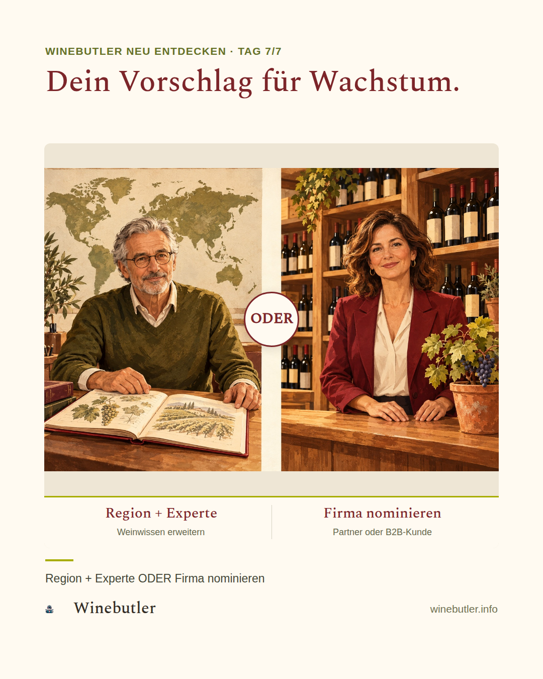 Region mit seniorigem Weinexperten oder Weinfirma: zwei gleichwertige Nominierungen, getrennt durch ein grosses ODER.