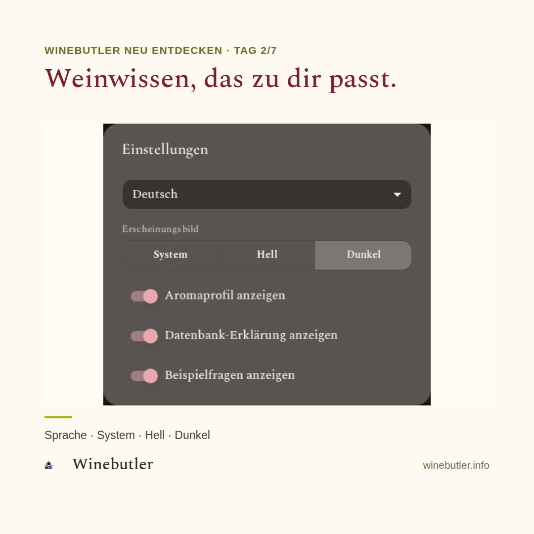 Winebutler-Einstellungen mit Sprachwahl und den Ansichten System, Hell und Dunkel.